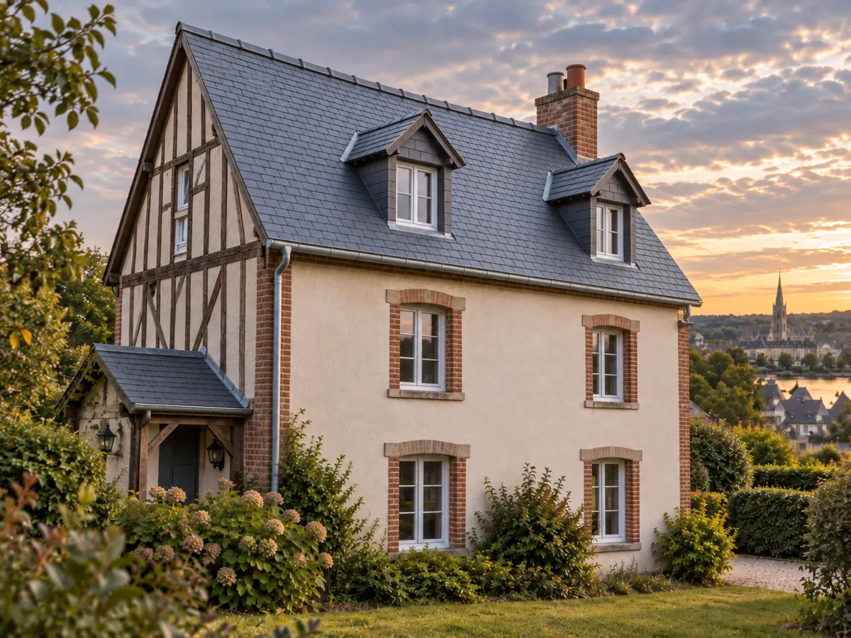 Illustration générée par IA : la même maison normande avec une toiture en ardoise entièrement refaite