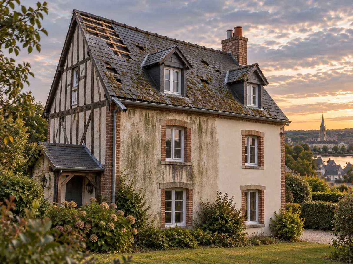 Illustration générée par IA : maison normande dont la toiture en ardoise est dégradée, ardoises manquantes et mousse épaisse