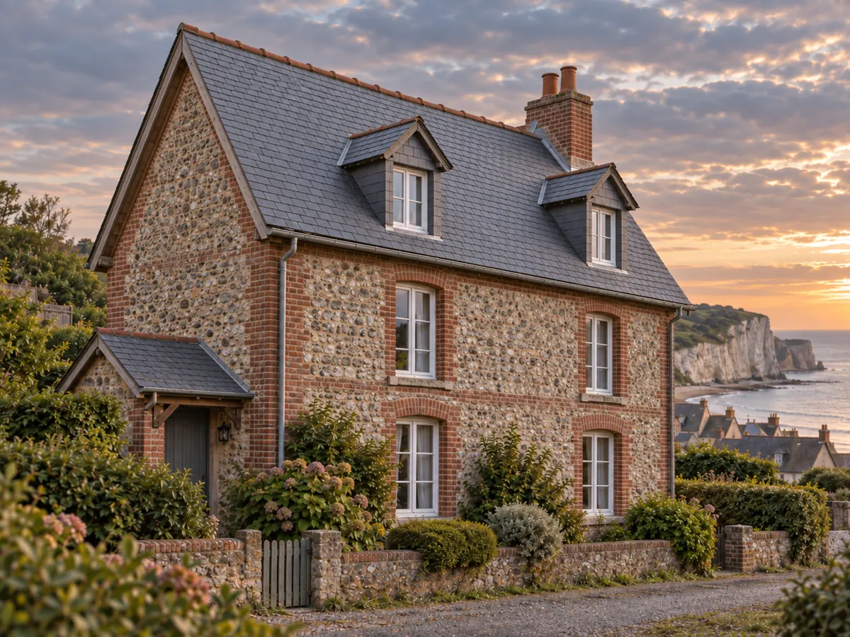 Illustration générée par IA : la même maison de bord de mer avec une toiture neuve