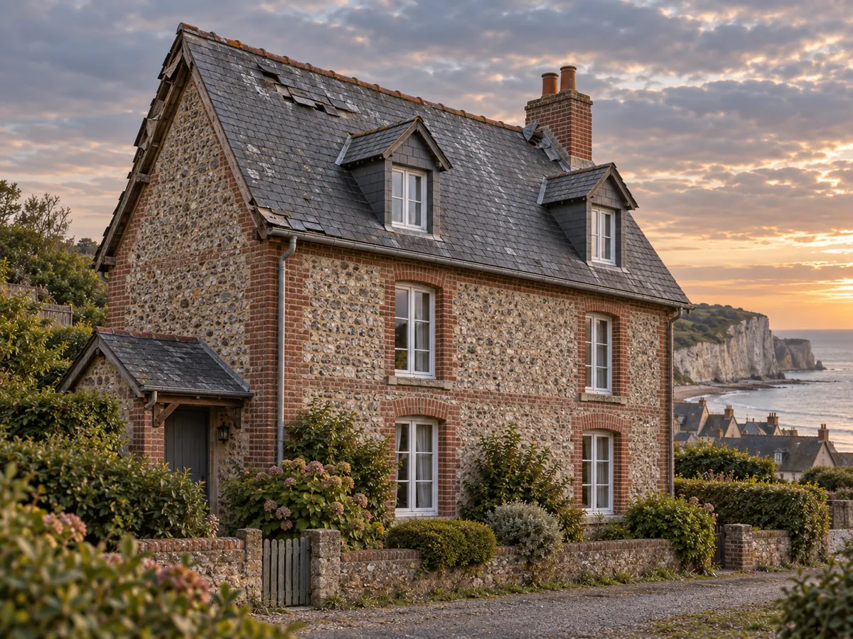 Illustration générée par IA : maison de bord de mer à la toiture usée, ardoises soulevées