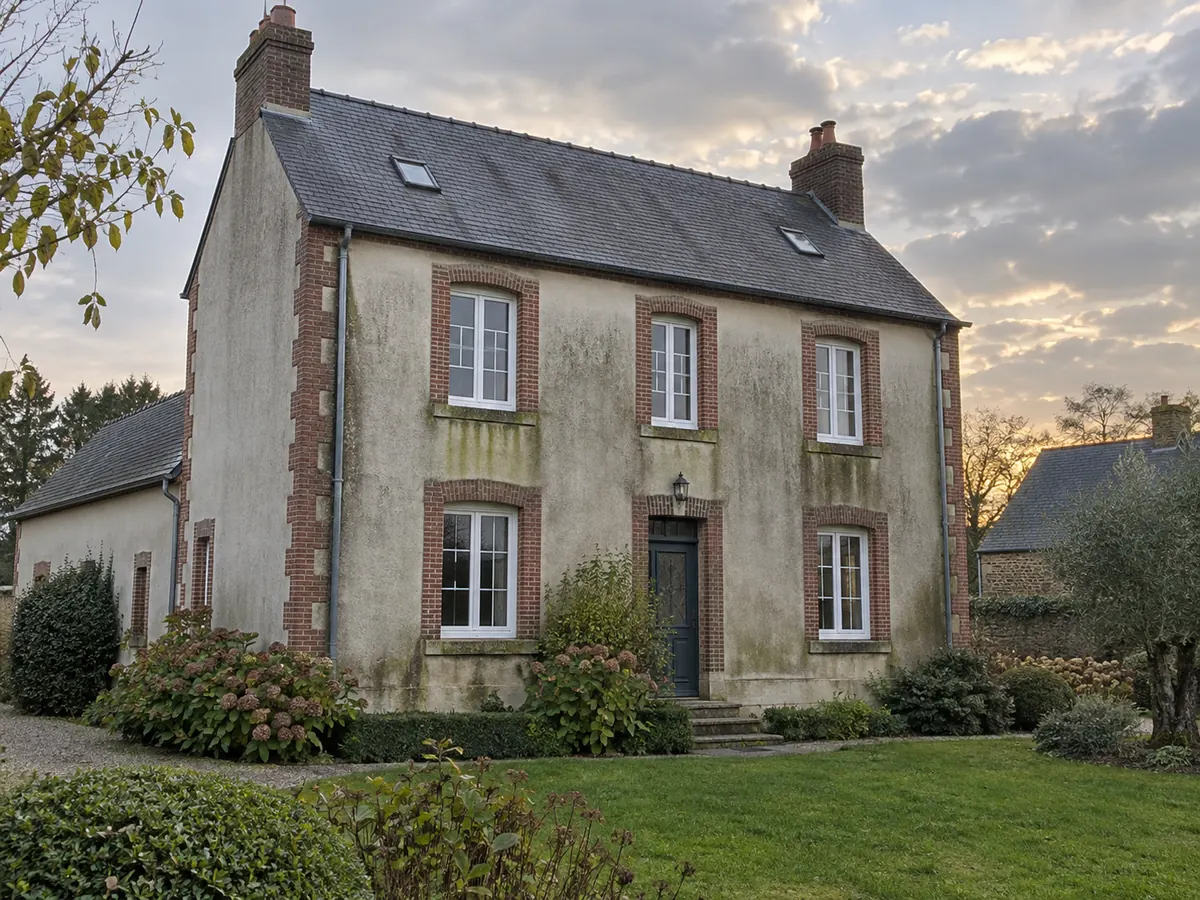 Illustration générée par IA : façade normande en enduit clair encrassée par des voiles verts