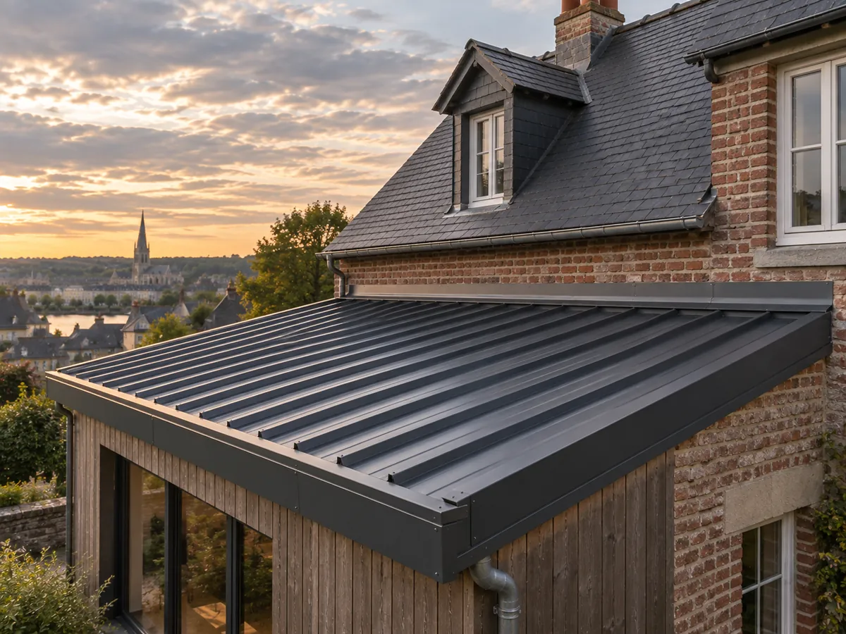 Illustration générée par IA : extension à faible pente couverte en bac acier anthracite nervuré