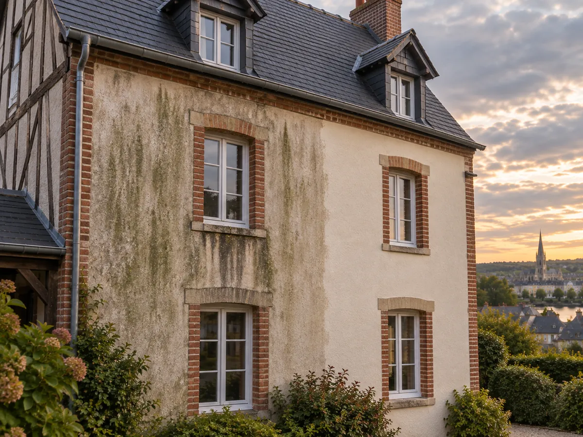 Illustration générée par IA : façade normande en enduit clair, une moitié encore encrassée et l’autre nettoyée