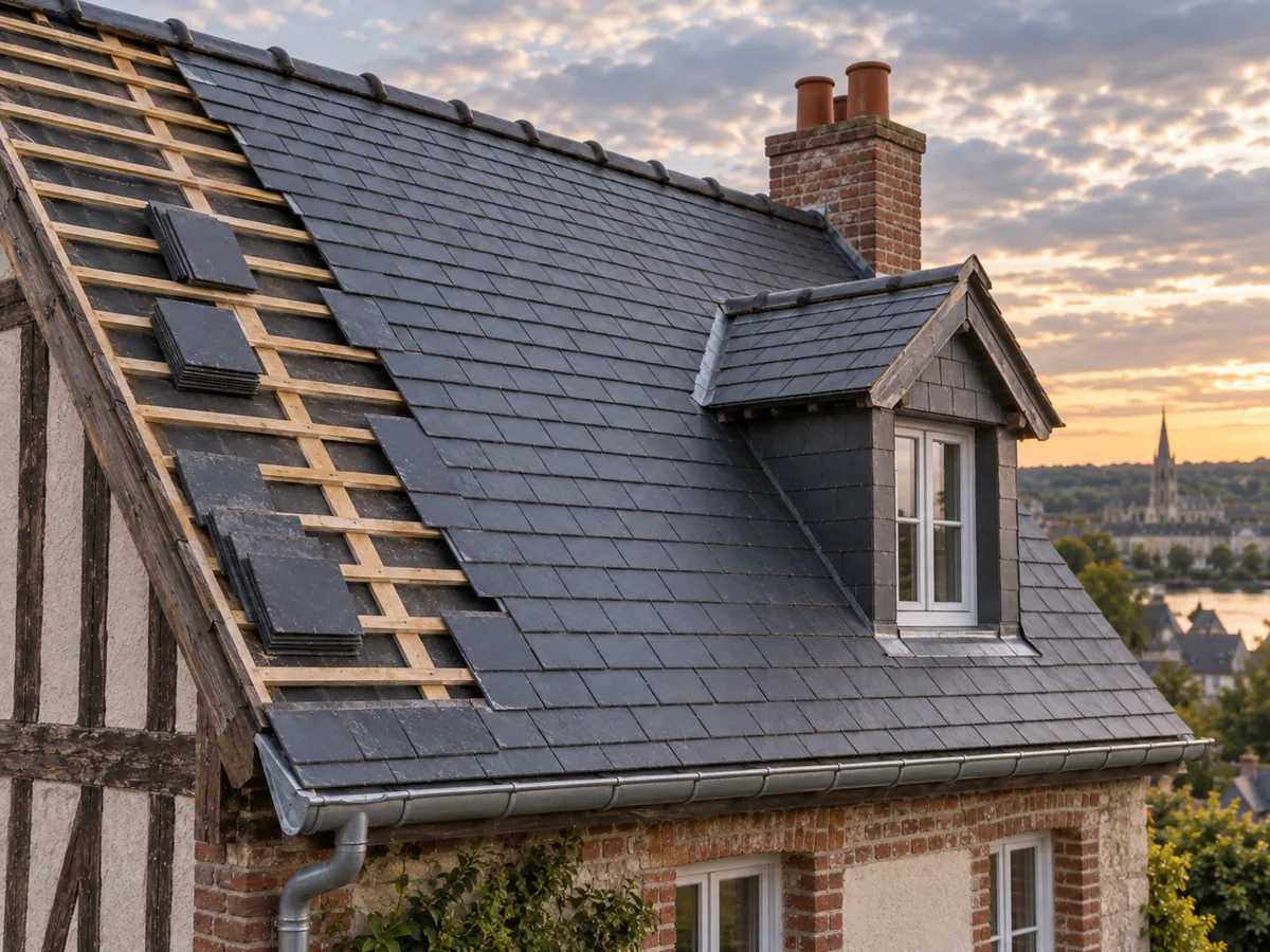 Illustration générée par IA : toiture en ardoise en cours de réfection, liteaux neufs et ardoises en attente de pose sur une maison normande